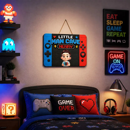 Personalized Little Man Cave Wooden Sign, Cartoon Gamer Holding Controller, Unique Gift for Boys and Gamers