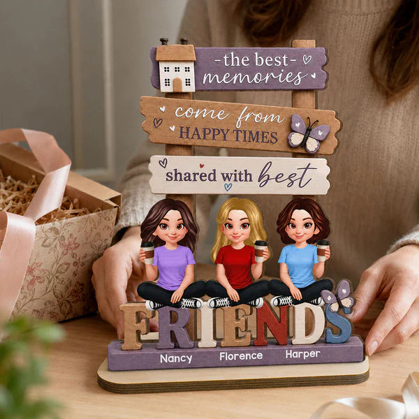 Personalized 2-Layer Wooden Plaque, Sitting Friends with Coffee, Unique Gift for Close Friends