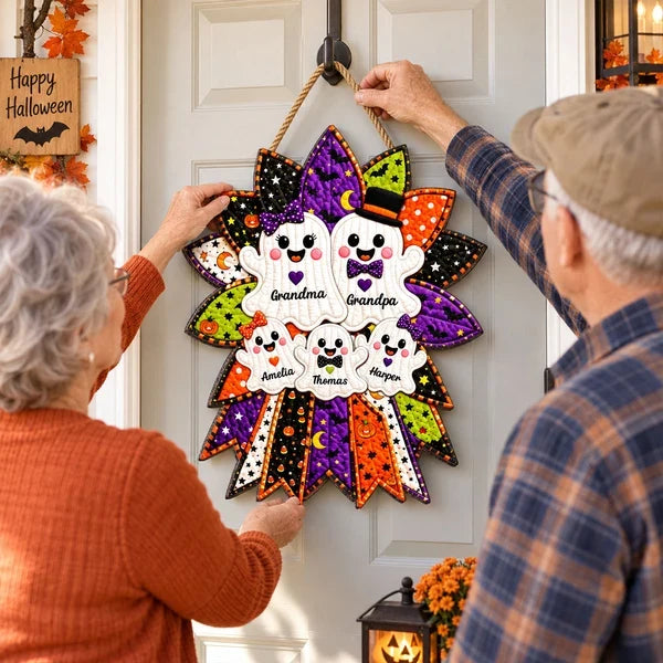Personalized Wooden Sign with Cheerful Ghost Family Wreath, Heartwarming Halloween Decor, Creative Gift for Grandparents