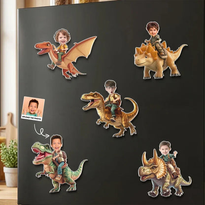 Personalized Acrylic Magnet, Child Riding Dinosaur Photo Design, Unique Gift for Son or Grandson