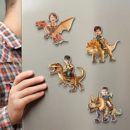 Personalized Acrylic Magnet, Child Riding Dinosaur Photo Design, Unique Gift for Son or Grandson
