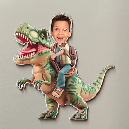 Personalized Acrylic Magnet, Child Riding Dinosaur Photo Design, Unique Gift for Son or Grandson