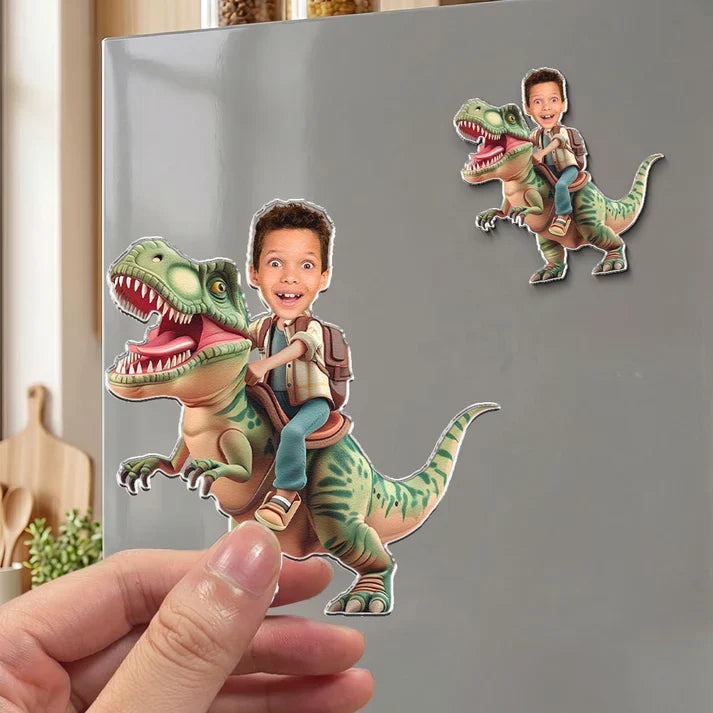 Personalized Acrylic Magnet, Child Riding Dinosaur Photo Design, Unique Gift for Son or Grandson