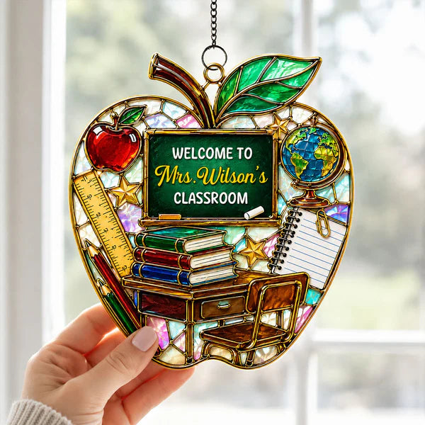 Teacher Apple Acrylic Suncatcher Ornament, Personalized Classroom Decor for Sunlit Windows, Unique Gift