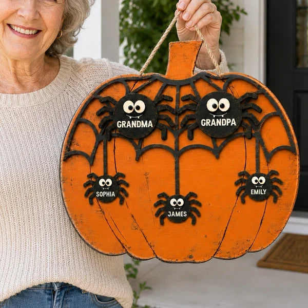 Grandma and Grandkids Wooden Sign, Rustic Orange Halloween Spider Web, Personalized Creative Family Gift
