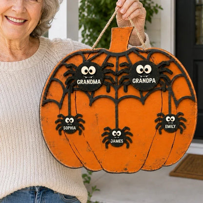 Grandma and Grandkids Wooden Sign, Rustic Orange Halloween Spider Web, Personalized Creative Family Gift