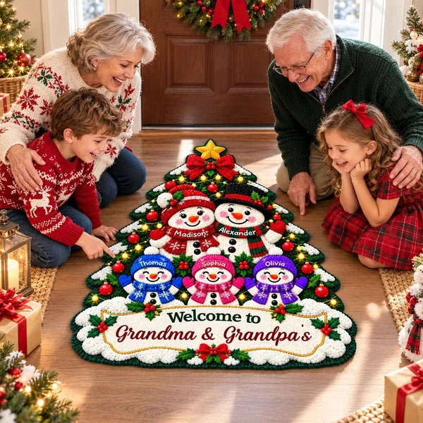 Personalized Shaped Doormat, Colorful Snowman Grandparents and Grandkids by a Christmas Tree, Unique Family Gift