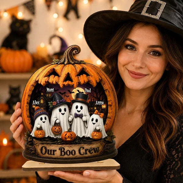Our Boo Crew 2-Layer Wooden Plaque, Personalized Ghost Family at a Haunted House, Creative Gift for Mom & Dad