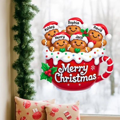 Warm Christmas Sticker Decal, Gingerbread Family Gathered in Red Mug, Personalized Creative Gift for Grandparents