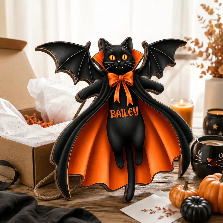 Personalized Cat Vampire Wooden Sign, Pumpkin Front Door Decor, Unique Gift for Cat Lovers