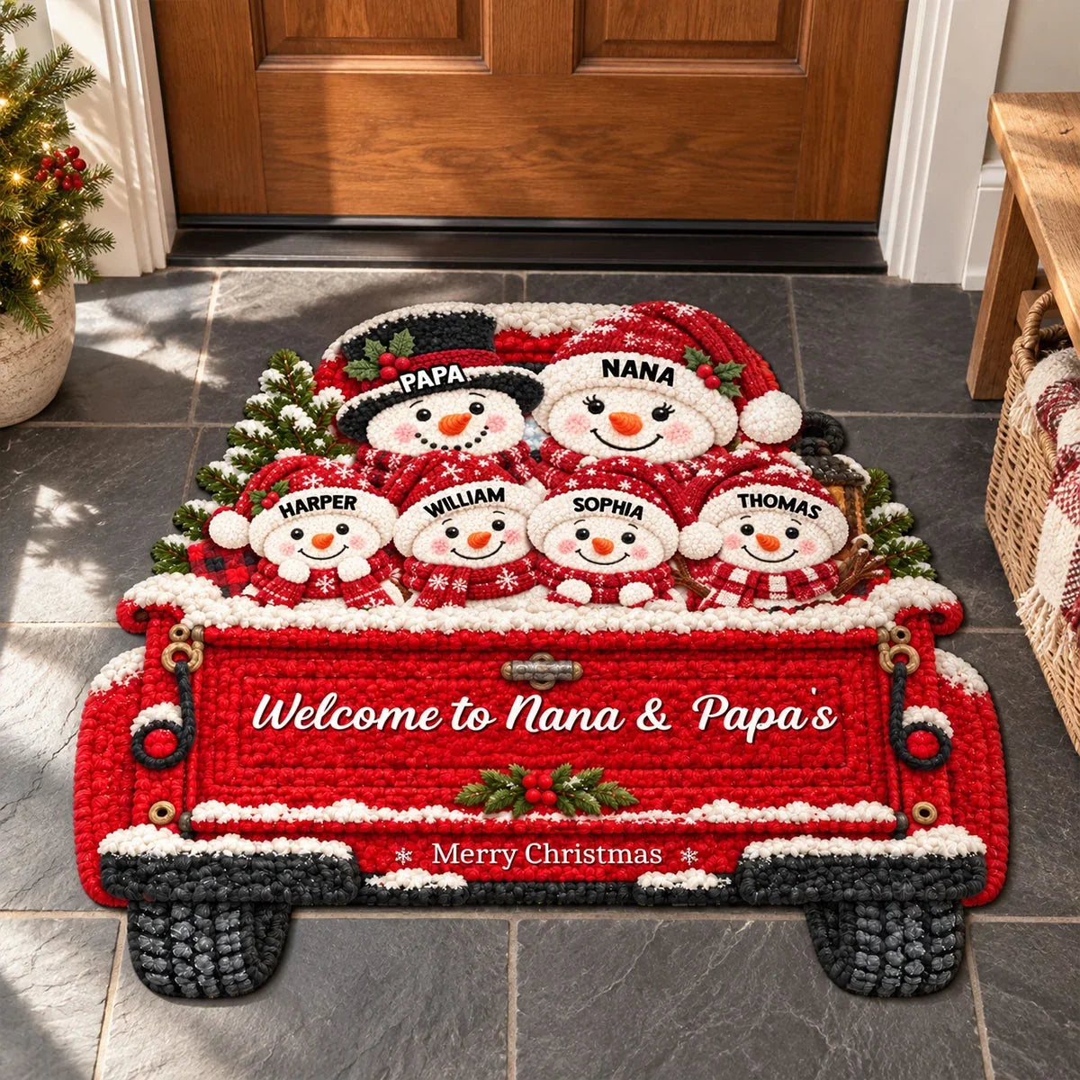 Personalized Shaped Doormat, Merry Christmas Snowman Welcome, Creative Family Gift for Nana & Papa