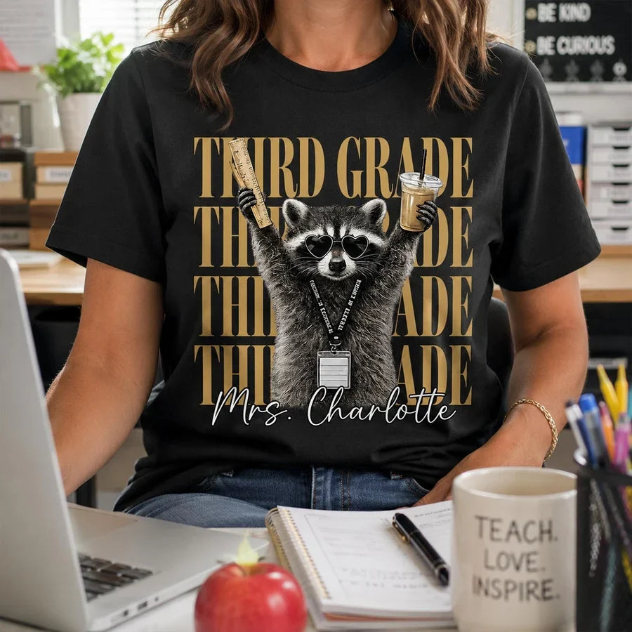 Classic Tee, Retro Raccoon Holding Ruler & Iced Coffee, Creative Gift for Teachers