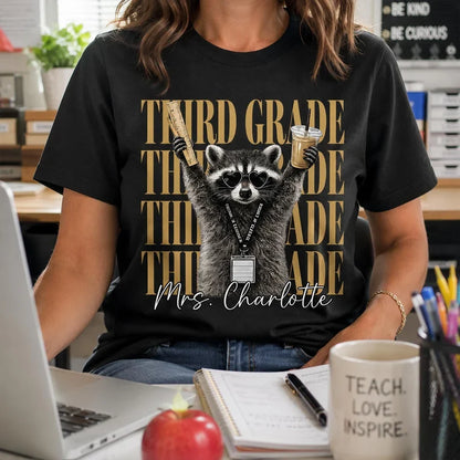 Classic Tee, Retro Raccoon Holding Ruler & Iced Coffee, Creative Gift for Teachers