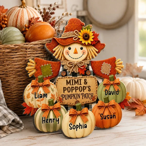 Personalized Wooden Sign with Smiling Scarecrow & Pumpkins, Autumn Porch Decor, Unique Gift for Grandparents