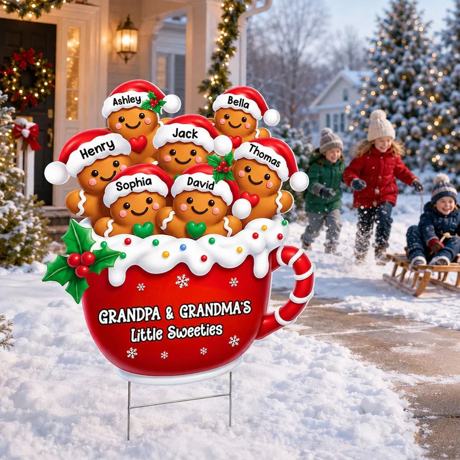 Grandpa & Grandma's Little Sweeties Shaped Yard Sign, Personalized Gingerbread Family, Creative Gift for Grandparents
