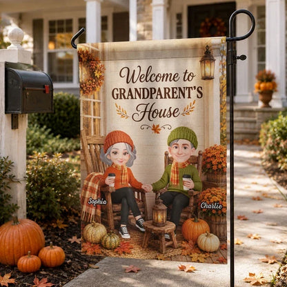 Welcome to Grandparents' House Garden Flag, Holding Hands on a Fall Porch, Personalized Creative Gift