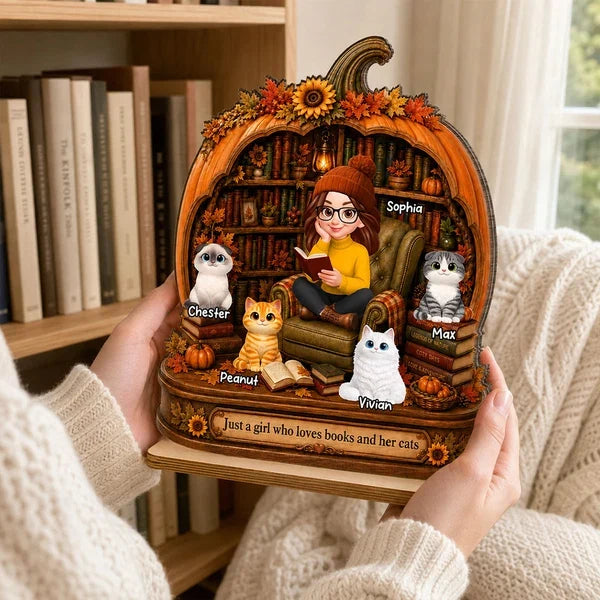 Personalized 2-Layer Wooden Plaque, Reading Girl with Cats in an Autumn Library, Unique Gift for Book Lovers