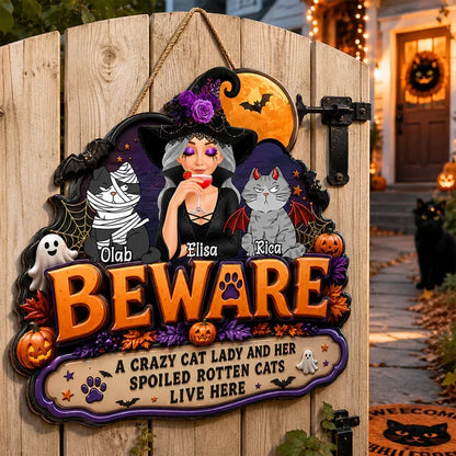 Personalized Wooden Sign, Crazy Cat Lady Halloween Witch & Cats Decor, Unique Creative Gift for Cat Lovers