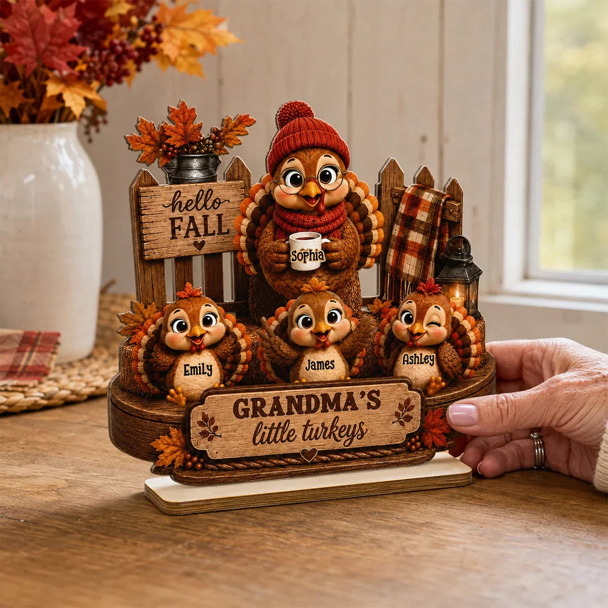 Personalized Wooden Plaque, Grandma Turkey Holding a Mug in a Hello Fall Scene, Unique Gift for Grandma
