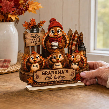 Personalized Wooden Plaque, Grandma Turkey Holding a Mug in a Hello Fall Scene, Unique Gift for Grandma