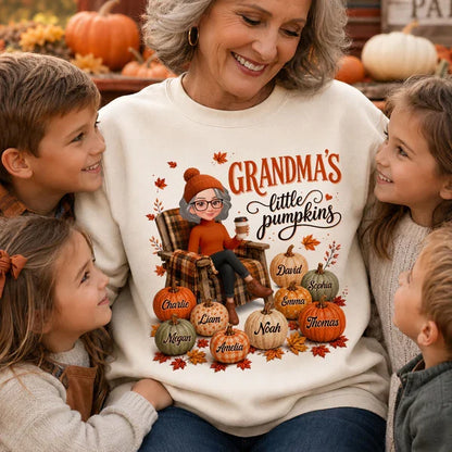 Personalized Grandma Sweatshirt, Seated Grandma with Coffee & Pumpkins, Unique Fall Gift