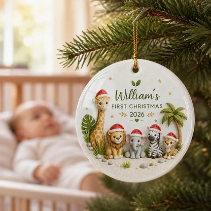 Personalized Ceramic Ornament, First Christmas Safari Animals, Unique Gift for New Parents and Baby