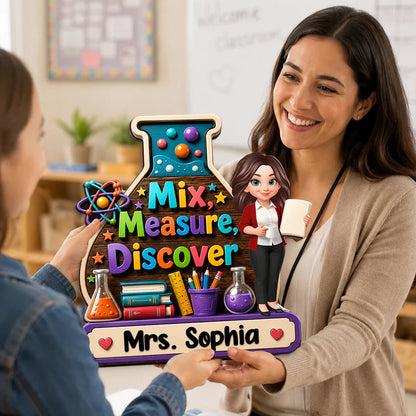 Personalized Wooden Sign With Standing Teacher Illustration, Colorful Classroom Theme, Unique Creative Gift for Teacher