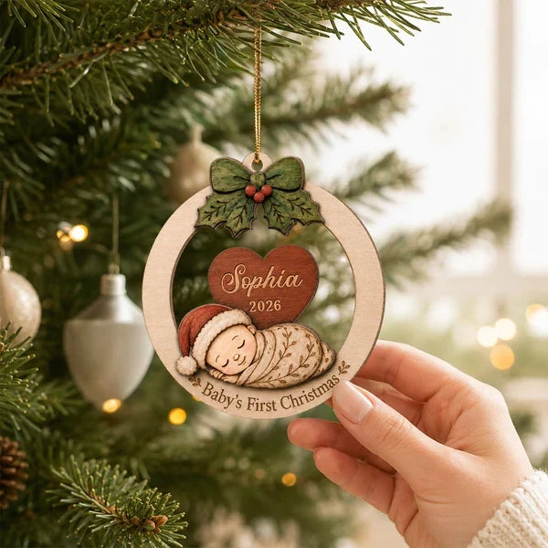 Personalized 2-Layer Wooden Ornament, Sleeping Baby's First Christmas Keepsake, Unique Gift for New Parents