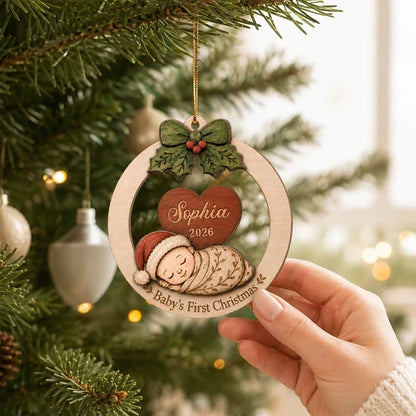 Personalized 2-Layer Wooden Ornament, Sleeping Baby's First Christmas Keepsake, Unique Gift for New Parents