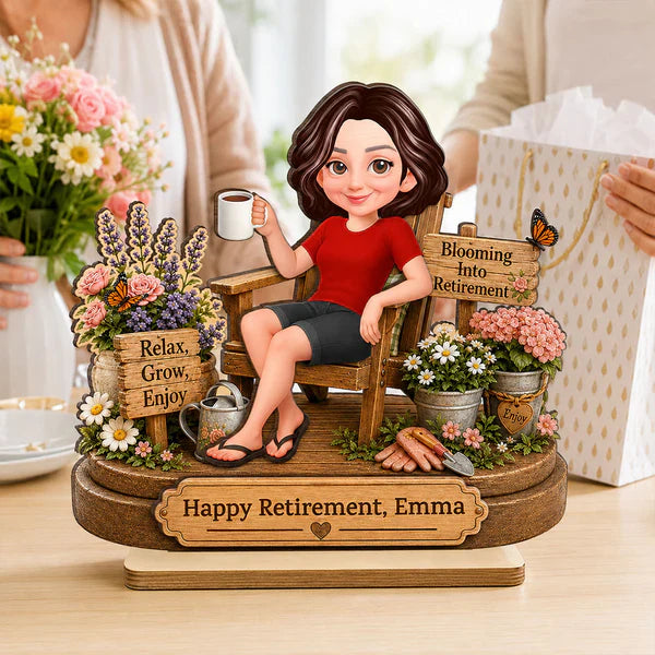 Personalized 2-Layer Wooden Plaque, Woman Relaxing in Garden Chair, Unique Retirement Gift for Mom or Grandma