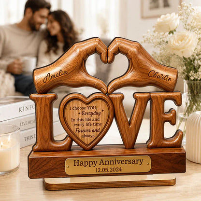 Personalized 2-Layer Wooden Plaque for Couple, Heart Hands Anniversary Unique Creative Gift