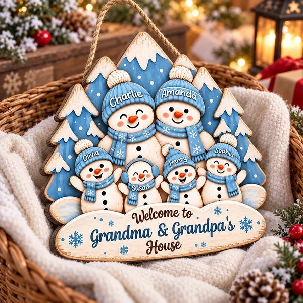 Personalized Wooden Sign, Waving Snowman Family in Blue Winter Forest, Unique Christmas Gift for Grandparents