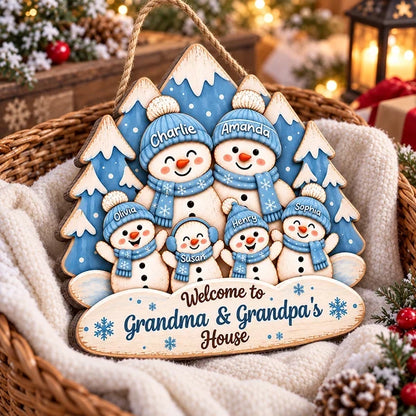 Personalized Wooden Sign, Waving Snowman Family in Blue Winter Forest, Unique Christmas Gift for Grandparents