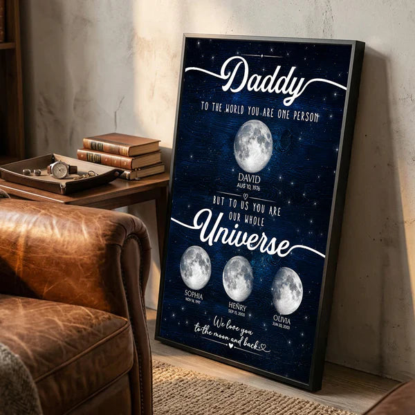 Daddy You Are Our Universe Poster, Custom Moon Wall Art, Heartwarming Creative Gift for Dad