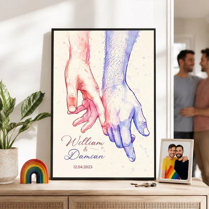 Personalized Couple Holding Hands Poster, Watercolor Wall Art, Unique Creative Gift for an Anniversary