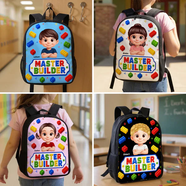 Personalized Kids School Backpack With Smiling Cartoon Child & Colorful Block Art, Creative Gift for Boys & Girls