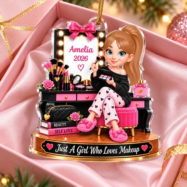 Personalized Acrylic Ornament, Girl Applying Makeup at a Pink Vanity, Unique Christmas Gift for a Daughter