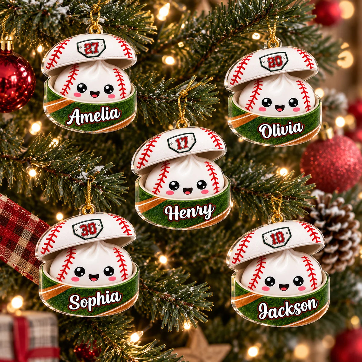 Acrylic Ornament, Smiling Baseball Dumpling on a Lit Christmas Tree, Personalized Creative Gift for Kids and Grandkids