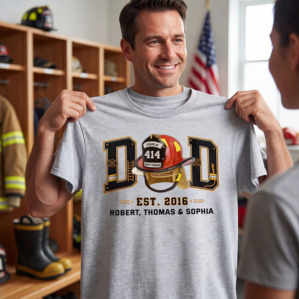 Personalized Firefighter Dad Classic Tee, Helmet Design, Unique Gift for Dad & Husband