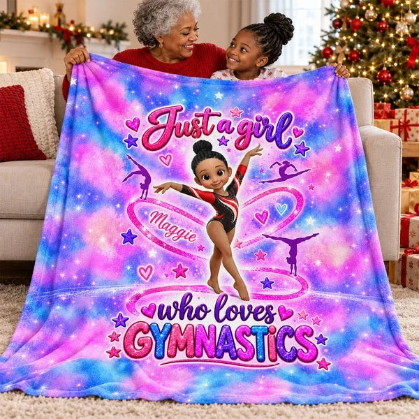 Personalized Fleece Blanket, Posing Cartoon Gymnast in Pink Galaxy Style, Unique Gift for Daughter