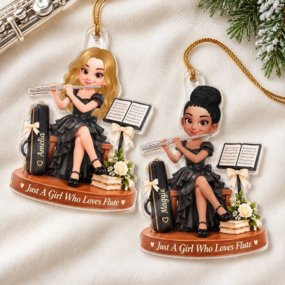Personalized Acrylic Ornament, Cute Girl Playing Flute on a Christmas Tree, Unique Gift for Daughter or Granddaughter