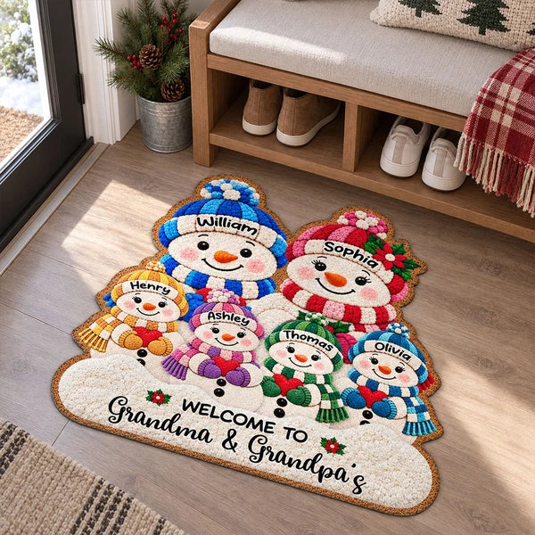 Personalized Shaped Doormat, Cute Snowman Grandparents & Grandkids at a Christmas Entryway, Unique Family Gift