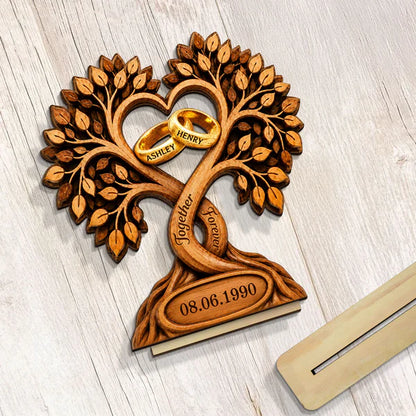 Personalized 2-Layer Wooden Plaque With Heart Tree & Rings, Unique Anniversary Gift For Couples