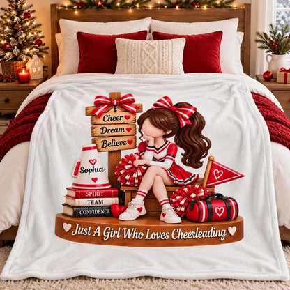 Personalized Fleece Blanket with Sitting Cheerleader, Unique Gift for Daughter or Granddaughter