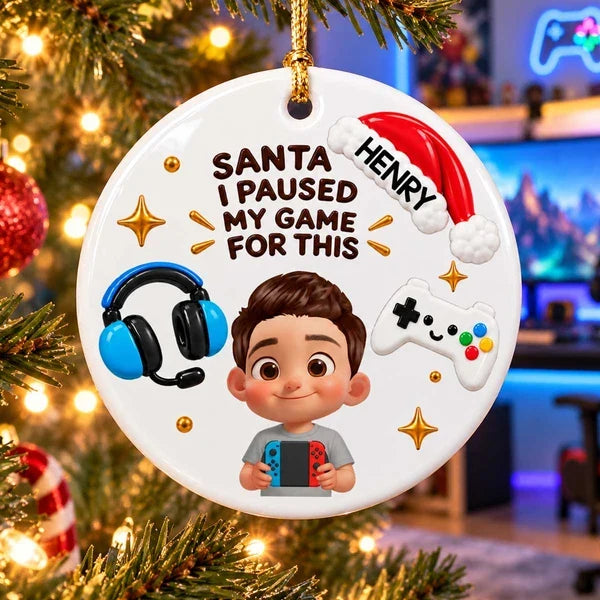 Personalized Ceramic Ornament, Cartoon Gamer Holding Controller by Christmas Tree, Unique Gift for Young Gamers