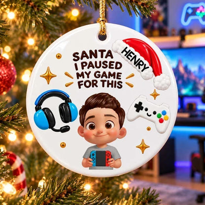 Personalized Ceramic Ornament, Cartoon Gamer Holding Controller by Christmas Tree, Unique Gift for Young Gamers