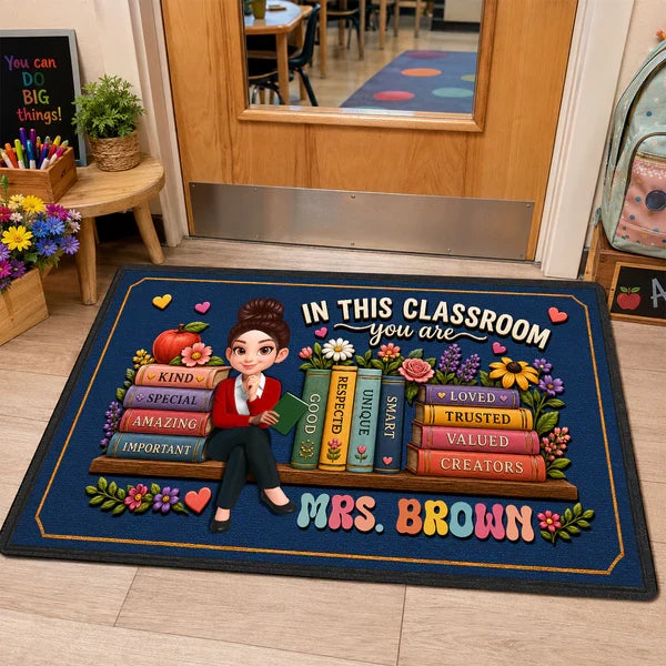 Personalized Teacher Doormat, Navy Classroom Welcome Design, Unique Creative Gift for Back to School