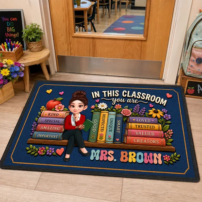 Personalized Teacher Doormat, Navy Classroom Welcome Design, Unique Creative Gift for Back to School