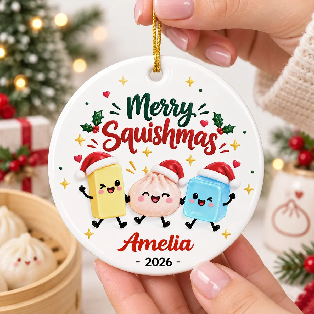 Personalized Ceramic Ornament, Merry Squishmas Cartoon Keepsake, Unique Christmas Gift for Squishy Fans