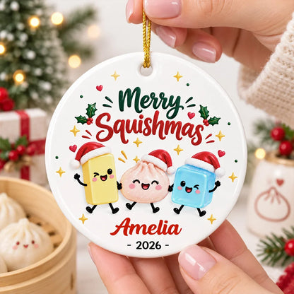 Personalized Ceramic Ornament, Merry Squishmas Cartoon Keepsake, Unique Christmas Gift for Squishy Fans